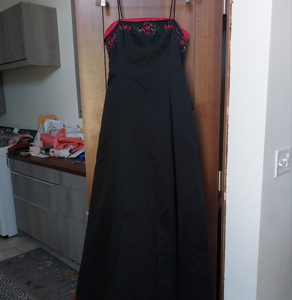 Red and black floral maxi prom dress